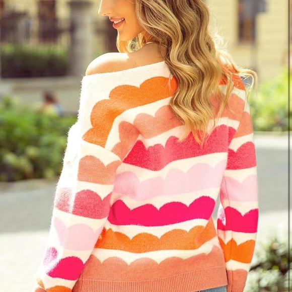 Womens Off Shoulder Round Neck Rainbow Floral Print Sweater - Picture 7 of 9